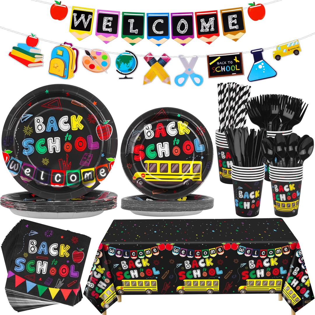 durony 195 Pieces Back to School Party Tableware Set Serves 24 Guests Disposable Back to School Party Plates and Napkins Welcome Back to School Party Supplies Decorations