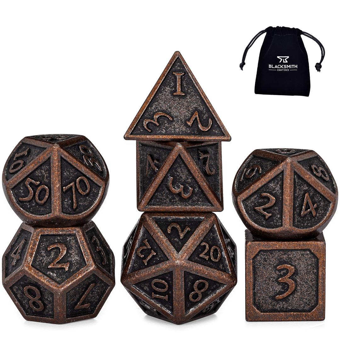 Heimdallr Metal Dnd Dice Set 7Pcs - Indestructible W/ Bag; D&D (Dungeons And Dragons Set) D20 Blacksmith Craft (Weathered Bronze)