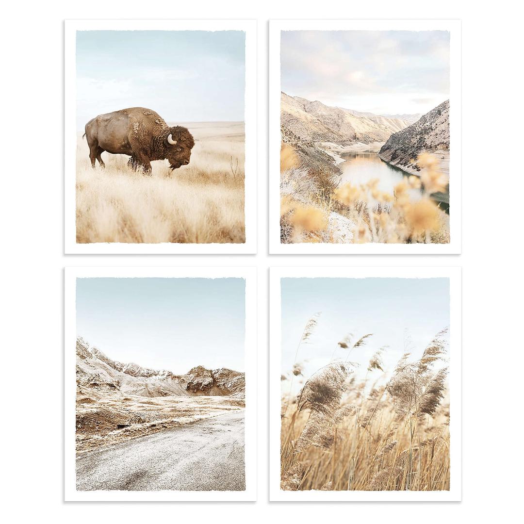 American Buffalo Wall Art Pictures - Wild Animal Bison Prints Rock Mountain Landscape National Park Photography for Living Room Bedroom Office Wall Decor Set of 4, 8x10 Inch Unframed