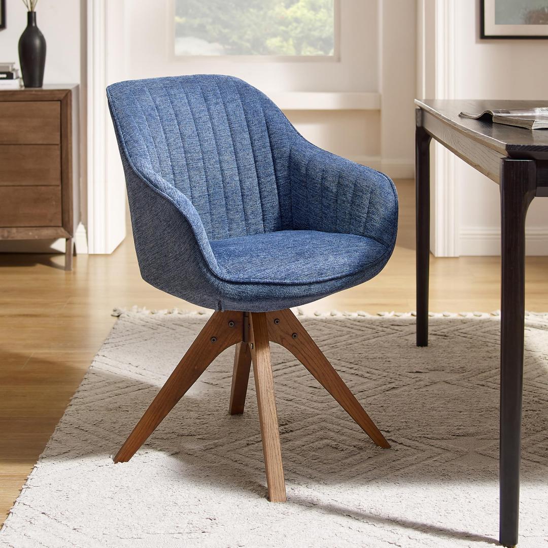 Art Leon Desk Chair - Mid Century Modern Office Chair No Wheels, Swivel Accent Chair with Oak Wood Legs, Fabric Upholstered Arm Chair, Blue