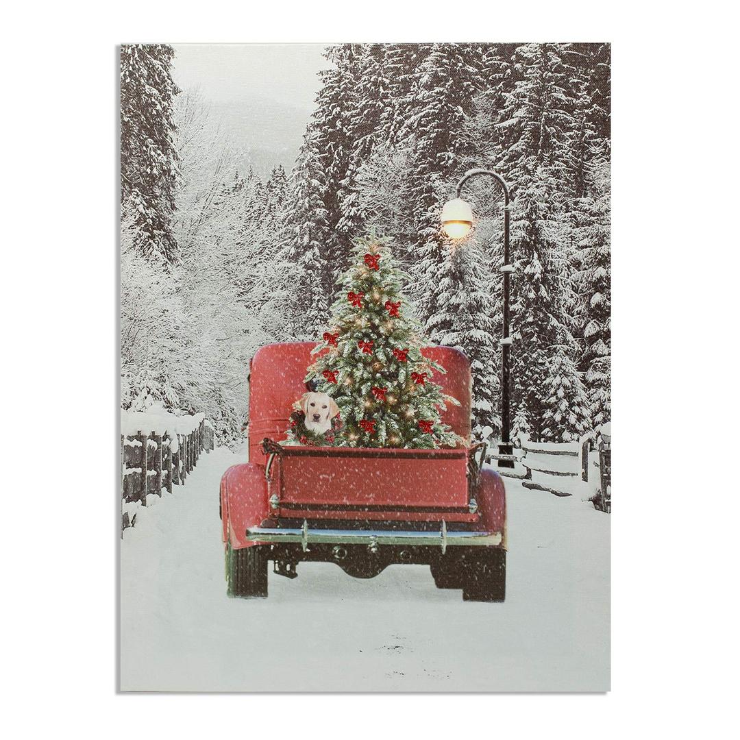 BANBERRY DESIGNSLighted Red Pick-Up Truck Canvas Print - LED Picture with Winter Scene and Vintage Red Pickup Truck Carrying a Christmas Tree Wall Light Up 15.75" X 11.75"