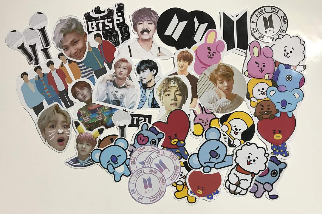 BTS Paper Stickers Version 1: Bt21 BTS Logo Wall Stickers BTS Light Stick Army Bomb Stickers (Pack of 46 Stickers), Multicolour, Music, Self-Adhesive