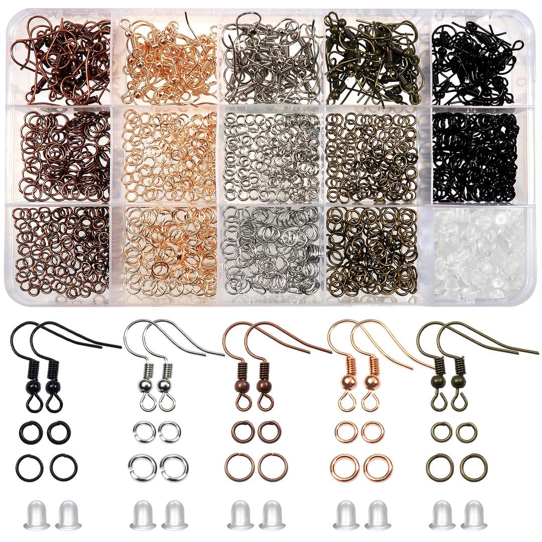 TOAOB 150pcs Hypoallergenic Earring Hooks Mixed Colors Ear Wire Hooks Earring Making Kit with 1000pcs Open Jump Rings 200pcs Earring Backs for Jewelry Making Findings