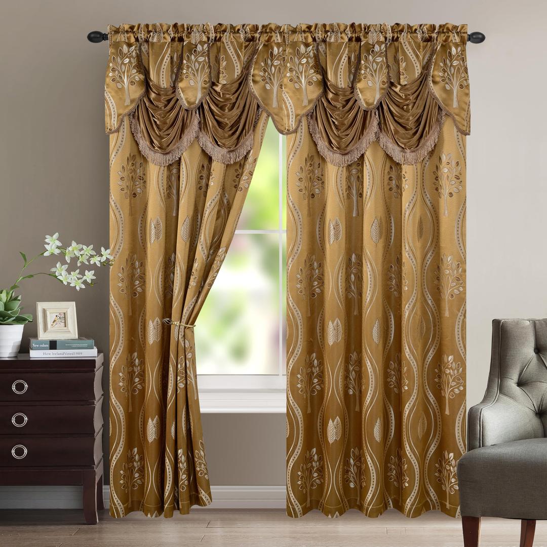 Elegant Comfort Aurora Jacquard Look Curtain Panel Set with Attached Valance 54" X 84 inch (Set of 2), Taupe