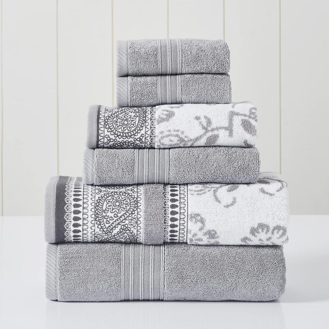 Modern Threads 6 Piece Set, 2 Bath Towels, 2 Hand Towels, 2 Washcloths Yarn Dyed Jacquard/Solid Towel Set Ophelia Stone