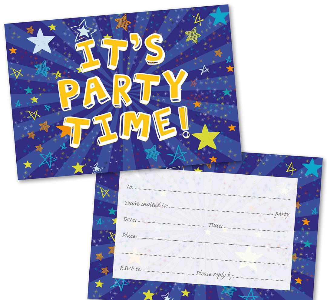 Absolutely Yours Party Invitations Pack of 36. Blue Starburst themed invitation with matching envelopes. 120 x 172mm. Party Invites, Birthday Party Invitations. Suitable for all ages.