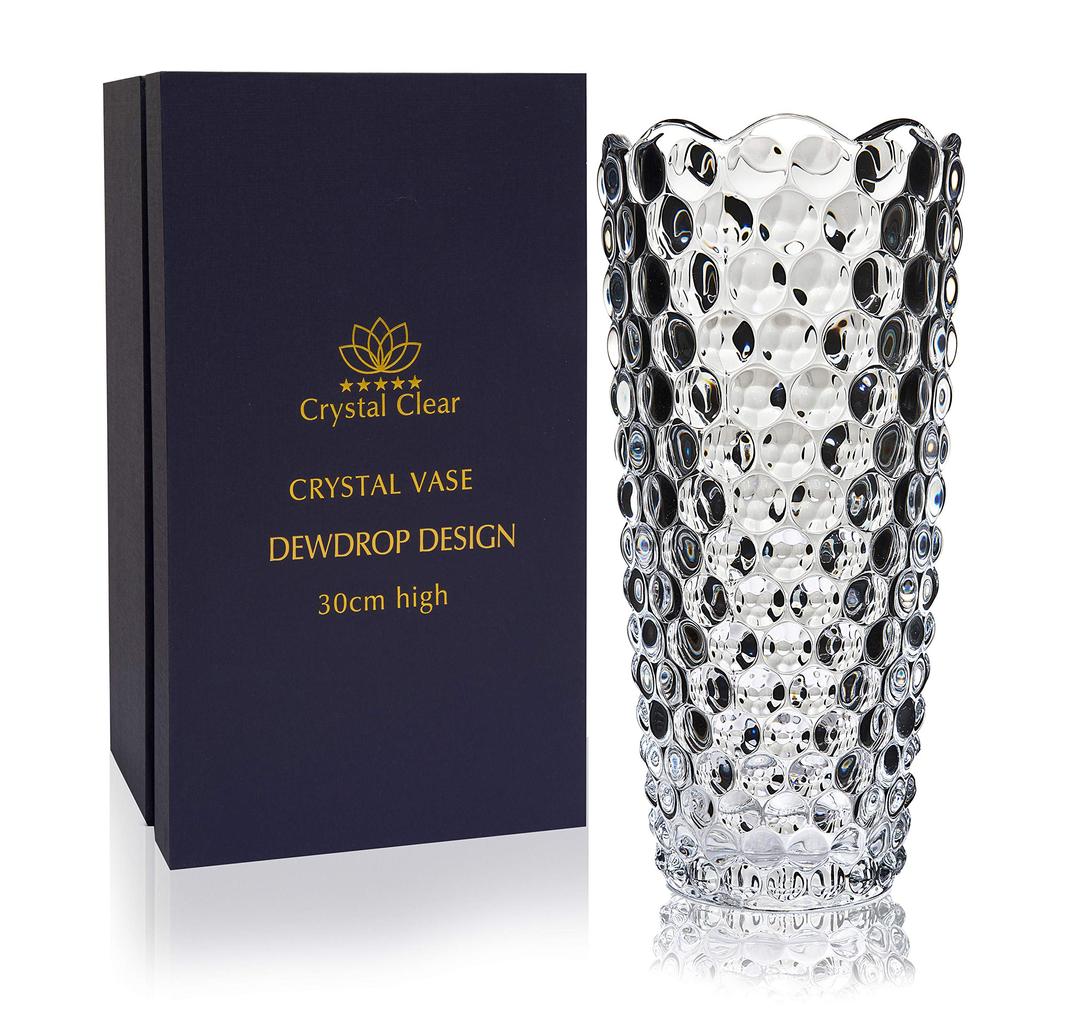 CS Crystal Vase 12-inch high, Dewdrop Design, for Flowers & Decor. Lovely Nice Shiny Piece. Perfect as a Gift, Suitable for All Occasions.