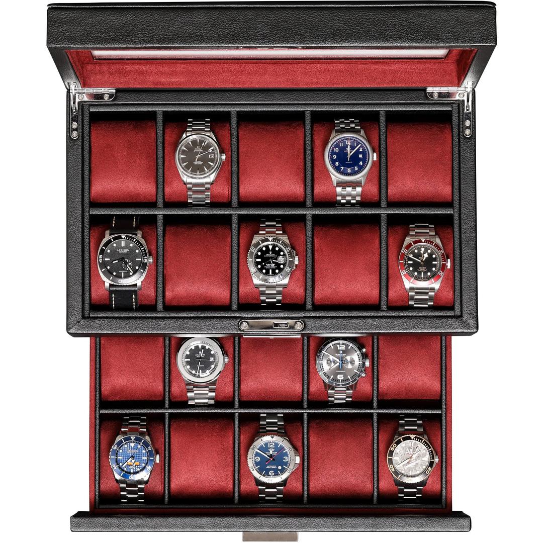 ROTHWELLROTHWELL 20 Slot Leather Watch box - Luxury Watch Case Display Jewelry Organizer, Locking Watch Display Case Holder with Large Real Glass Top - Watch Box Organizer for Men and Women (Black/Red)