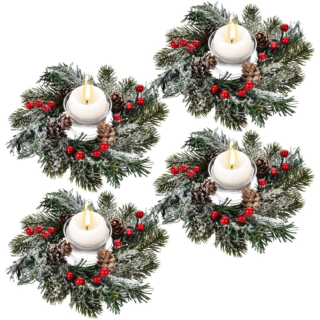 JexineJexine Christmas Candle Rings Wreaths Christmas Kitchen Cabinet Wreaths Pillars Candle Rings Christmas Table Centerpieces Hanging Garlands for Christmas Front Door Window Chair Wall Decor(4 Pieces)