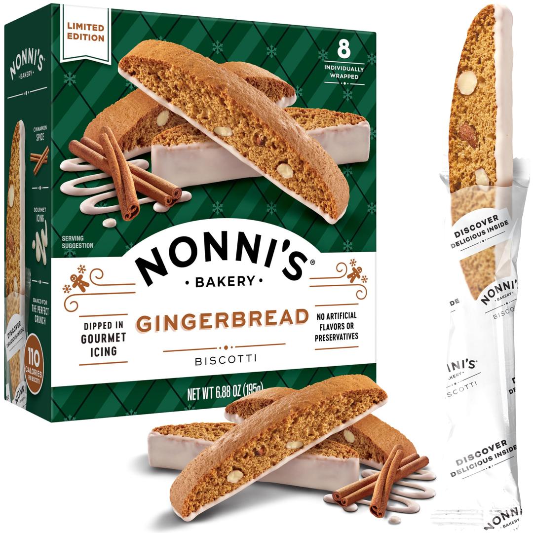 Nonni's Gingerbread Biscotti Holiday Cookies - Gingerbread Cookies - Gingerbread Christmas Cookies w/Almonds & White Icing - Biscotti Individually Wrapped Cookies - Italian Cookies - 6.88 oz