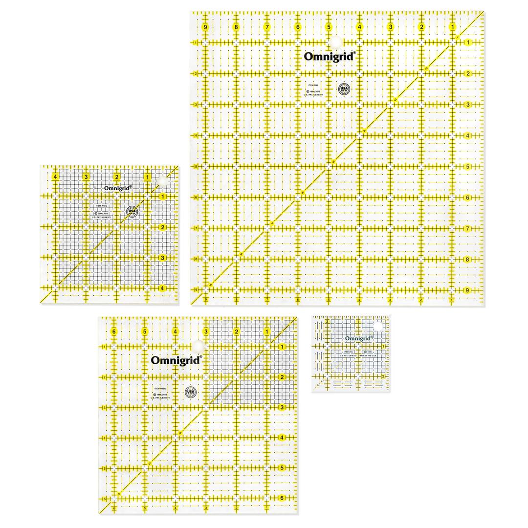 Omnigrid Square Value Pack (2-1/2", 4-1/2", 6-1/2", 9-1/2") Quilting Ruler, 2.5”, 4.5”, 6.5” and 9.5”, Clear, 4 Pack, (R2595S)