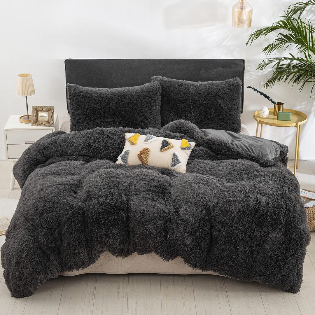 Plush Fluffy Duvet Cover Set Queen, Luxury Ultra Soft Shaggy Crystal Velvet Bedding Comforter Cover Set, 3 Pieces(1 Faux Fur Duvet Cover + 2 Faux Fur Pillowcases), Zipper Closure (Dark Gray, Queen)