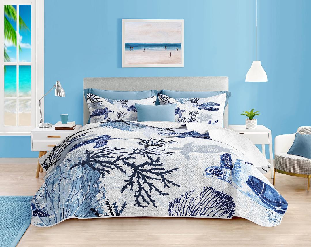 3 Piece Set Nautical Beach Quilt Queen Size - Reversible Microfiber Check Navy Blue Ocean Coastal Coverlet Sets for All Season Quilt King Size with 2 Shams Turtle Coral 90''x 96'',Blue for All Season