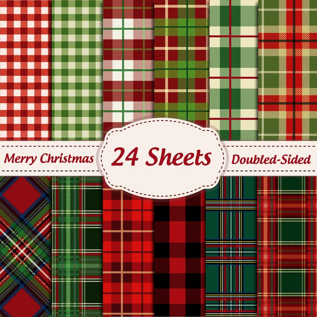 Whaline24 Sheet Christmas Pattern Paper Pack Christmas Plaid Scrapbook Specialty Paper Double-Sided Collection Plaid Decorative Craft Paper Folded Flat for Card Making Scrapbook