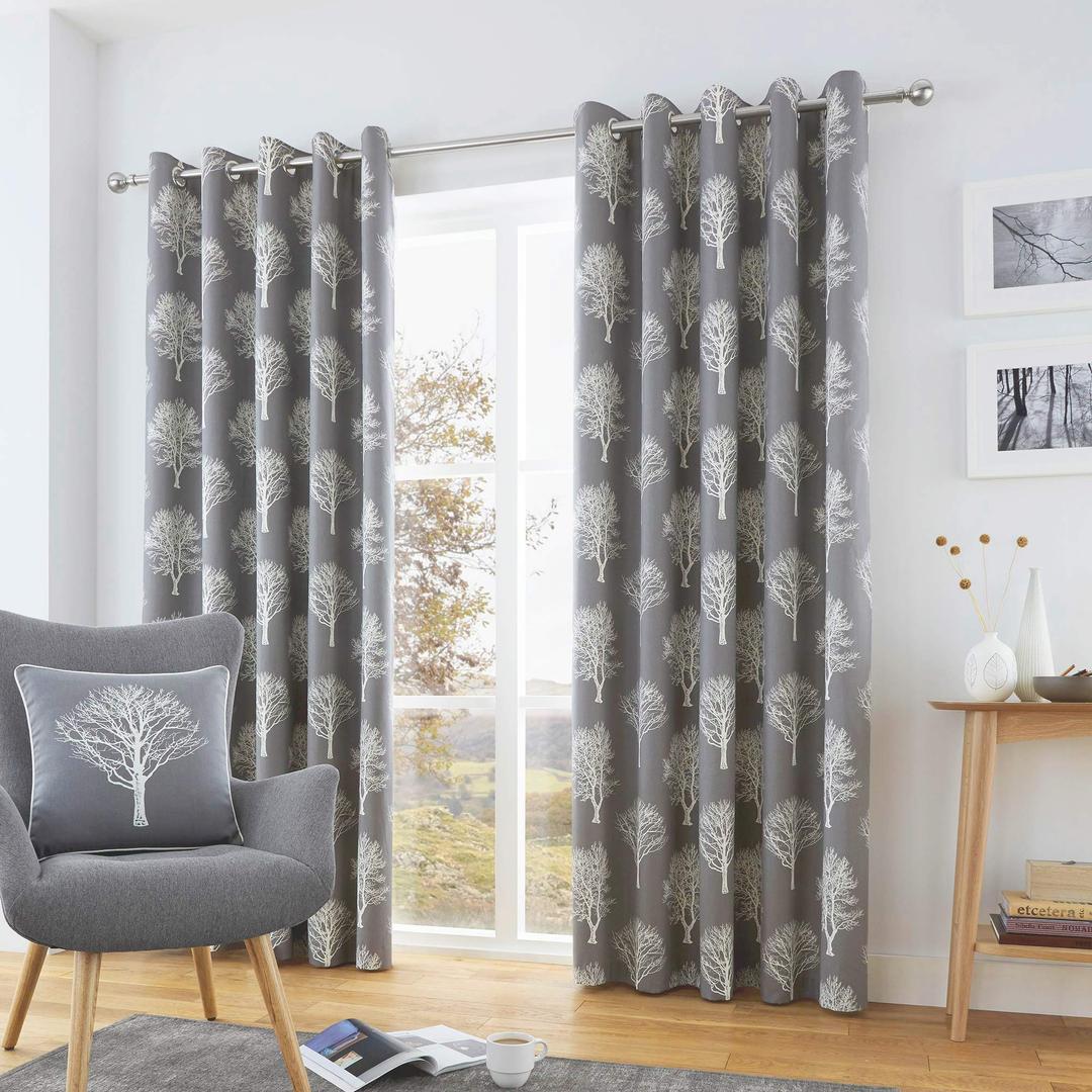 Fusion, Woodland Trees, 100 percent Cotton Pair of Eyelet Curtains, Charcoal, 66" Width x 90" Drop (168 x 229cm)