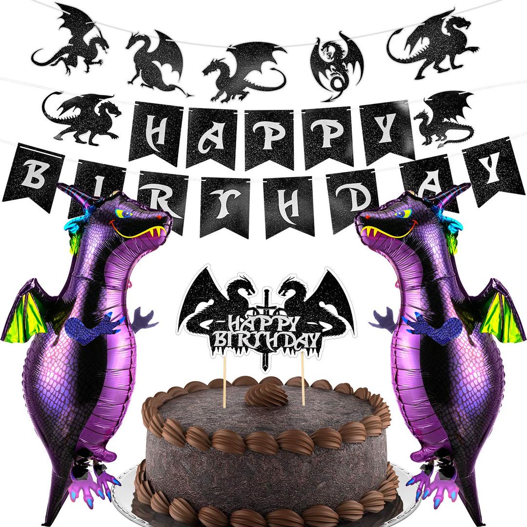 5 Pieces Dragon Cake Decoration Dragon Birthday Hanging Banner Funny Dragon Balloon Cupcake Topper Dragon Theme Birthday Party Decoration for Dinosaur Birthday Supplies Dragon Fantasy Party