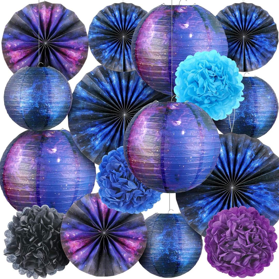 Hortsun 16 Pieces Galaxy Party Decorations Galaxy Print Paper Lanterns Paper Fans Paper Flowers Space Themed Hanging Lanterns Galaxy Themed Party Supplies Ceiling Decor for Home Birthday Party Decor