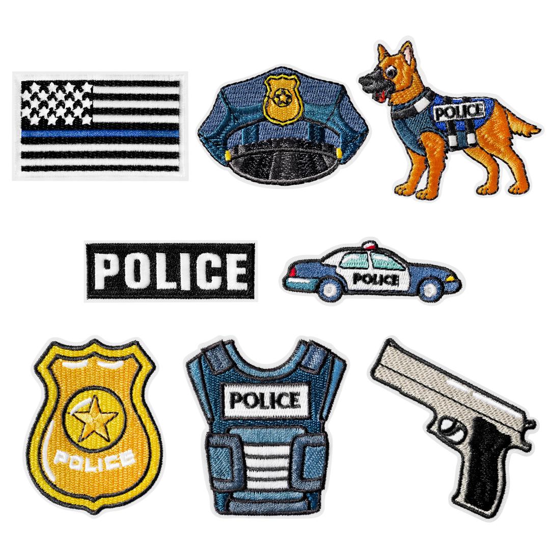 8 Pcs Police Iron on Patches Cartoon Cops Badge Tactical Vest Thin Blue Line Flag Sew on Repair Embroidered Applique Policeman Officer Role Play Costume DIY Crafts Gift for Clothes Backpack Hat