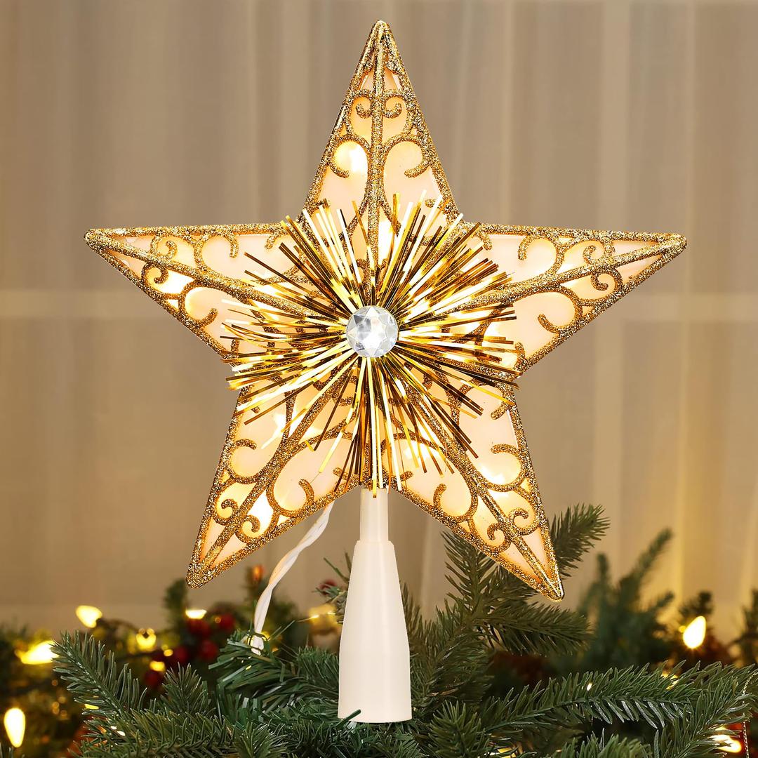 BrizLabsGold Christmas Tree Topper, 9'' 3D Double Side Christmas Tree Star, Glitter Christmas Treetop with 10 Warm White Lights, 120V UL Certified 5 Point Xmas Star Topper for Xmas Tree Holiday Party