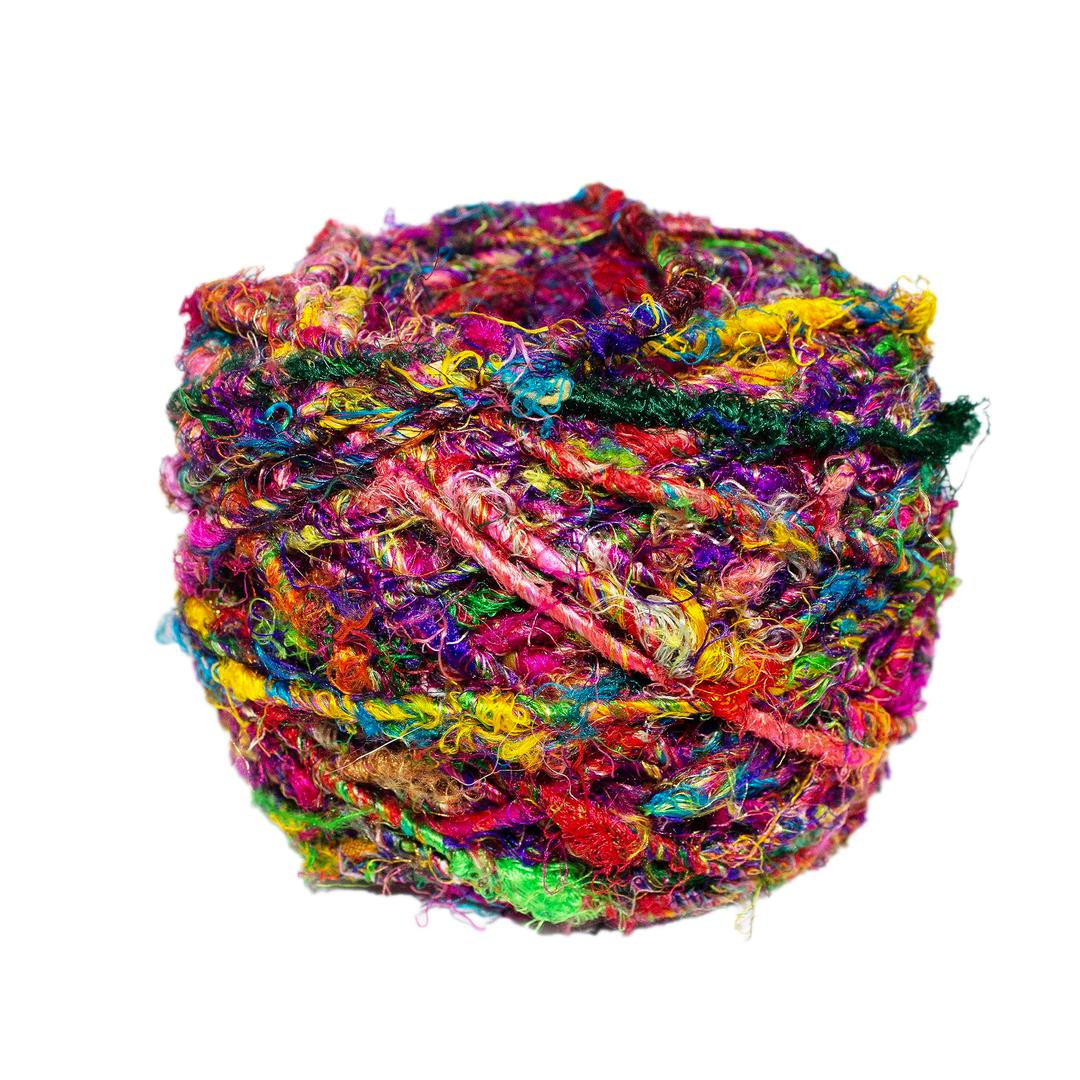 Recycled Sari Silk Yarn - Bulky Yarn - Multicolor Ball (85 Yards, 100 Grams) | Great for Knitting, Crochet, Weaving