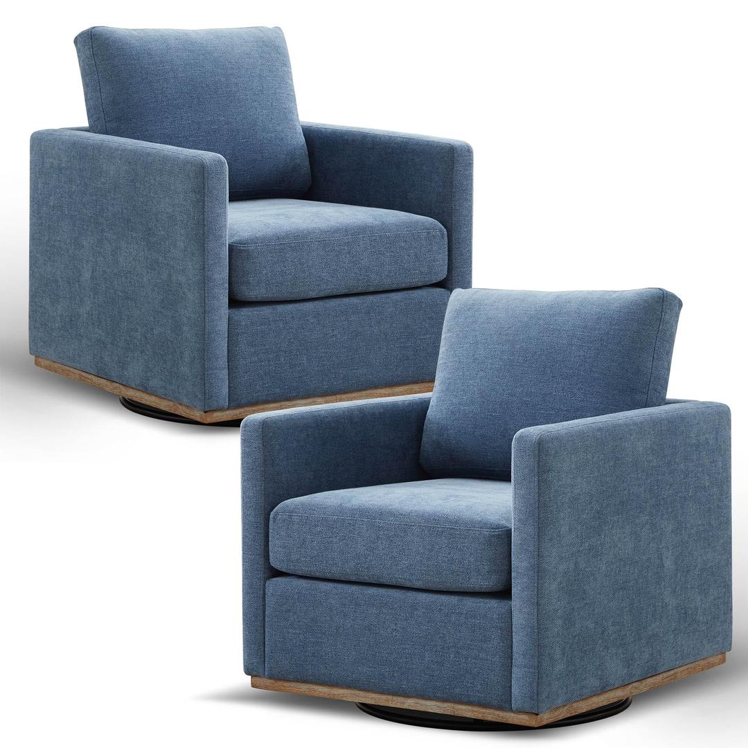 30.7" W Swivel Accent Chair Set of 2, Mid Century Modern Swivel Chairs for Living Room, Comfy Swivel Barrel Chairs, Wavy Chenille, Blue