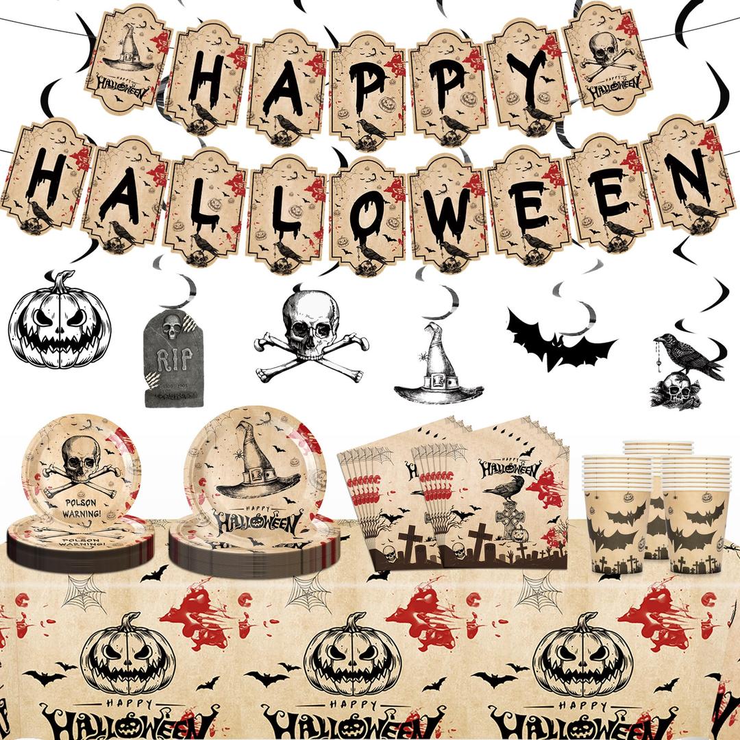 104 Pcs Halloween Party Supplies Tableware Set, Halloween Plates and Napkins, Halloween Decorations Tableware Halloween Party Supplies with Banner, Backdrop, Plates, Napkins, Paper Cups