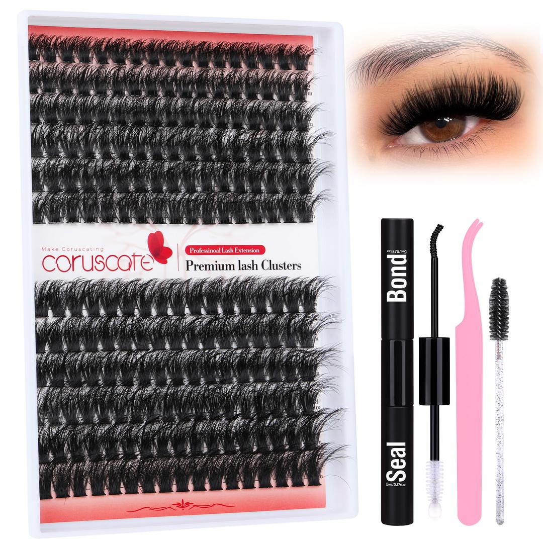 Fluffy Lash Extension Kit 100D Thick Lash Clusters Kit Soft Band 10-18mm Eyelash Extension Kit Long Volume Individual Lashes Kit with Lash Bond and Seal Lash Tweezers DIY at Home by CORUSCATE