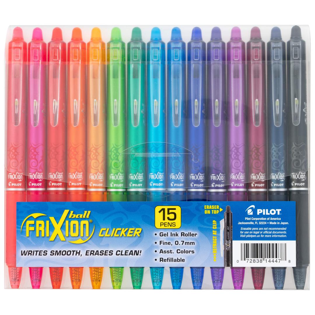 PilotFriXion Clicker Erasable Gel Pens, Fine Point 0.7 mm, Pack of 15, Assorted Colors