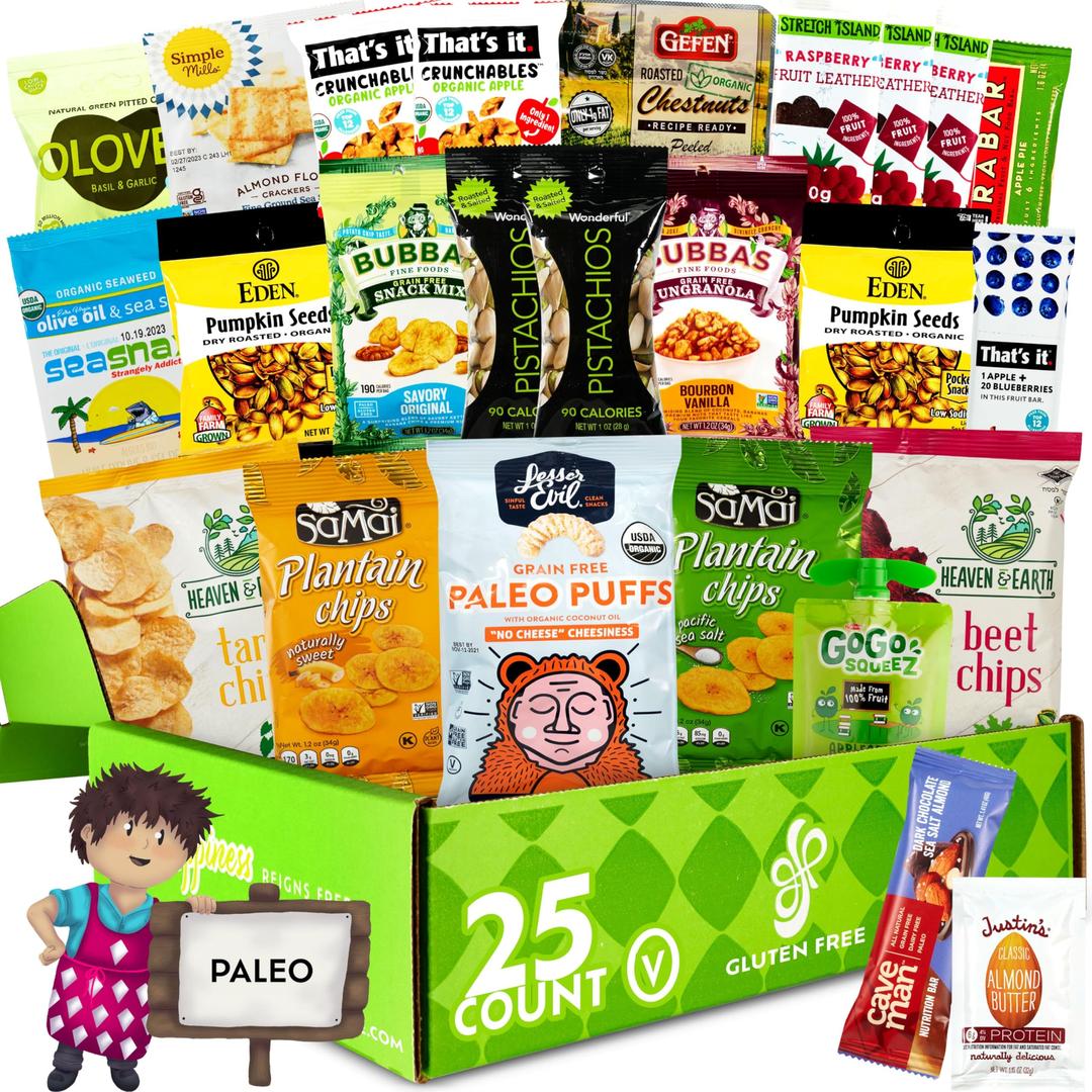 Paleo Snacks Variety Pack for Adult | Healthy Snack Box [25 Count] Holiday Gift Basket Gluten Free | Mix of Whole Foods, Protein Bars, Crackers, Chips, Puffs, Fruit & Nuts by Snack Attack