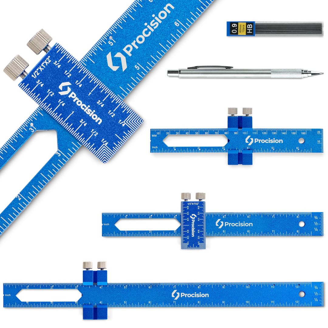 Procision Woodworking Ruler, Set of 3 (12, 8, 6 Inch), Precise Woodworking Pocket Ruler with Extra Wide 2" Sliding Attachment, Slide Rule T-Type Scribing Ruler Square Ruler Plus Mechanical Pencil