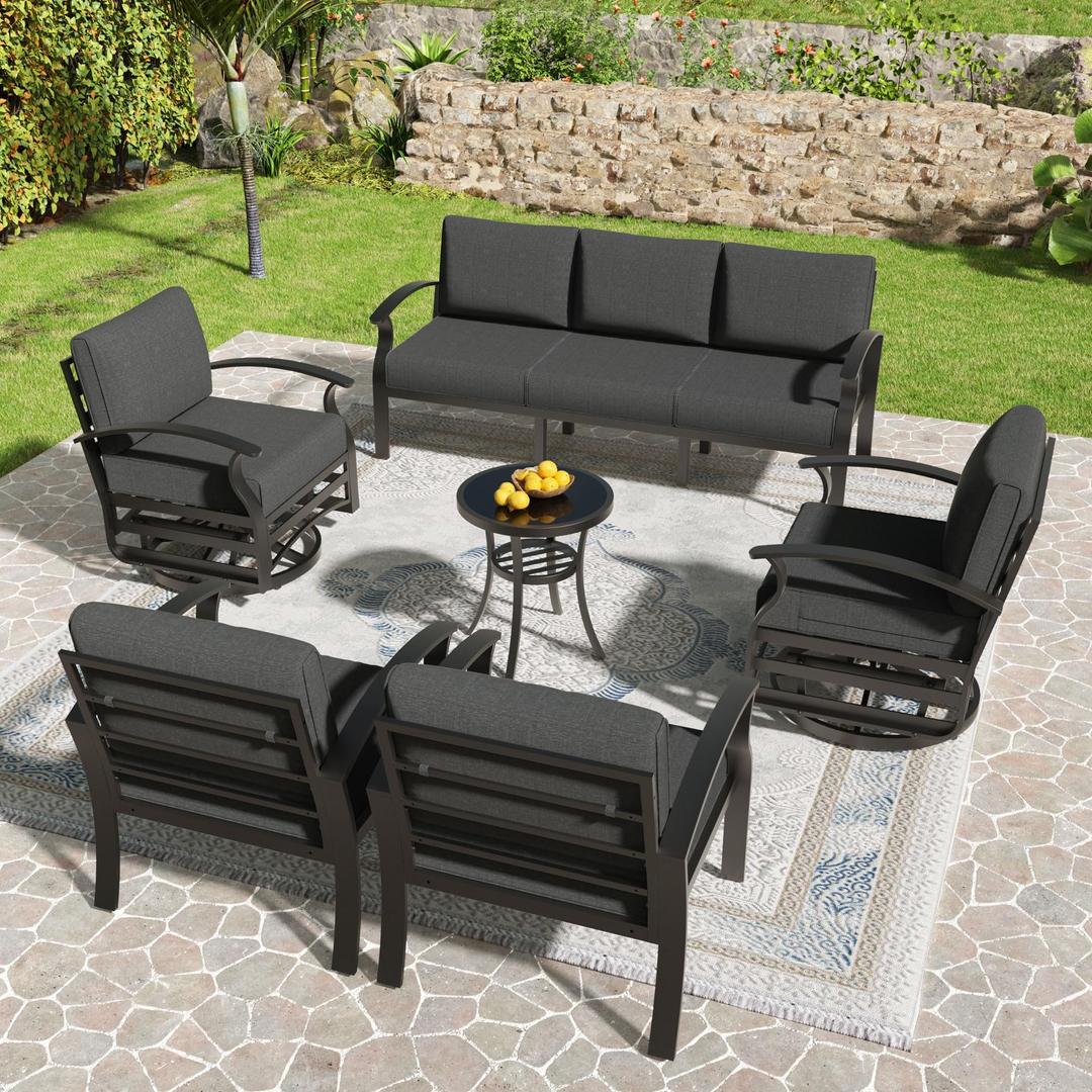 Kullavik Aluminum Patio Furniture Set,6 Pieces 7 Seat Metal Outdoor Furniture Conversation Set w/Swivel Chairs,Deep Black