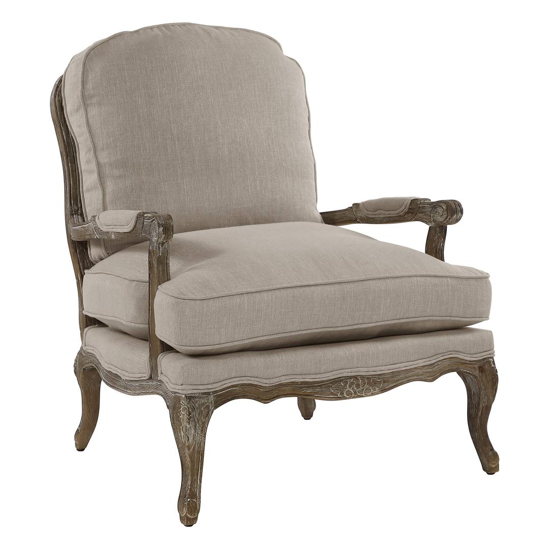 Lexicon Oak Distressed Solid Wood Accent Chair with Feather Down Seating, Natural Linen Fabric Padded Armchair for Living Room, Bedroom, Reading Room, or Sunroom, Neutral