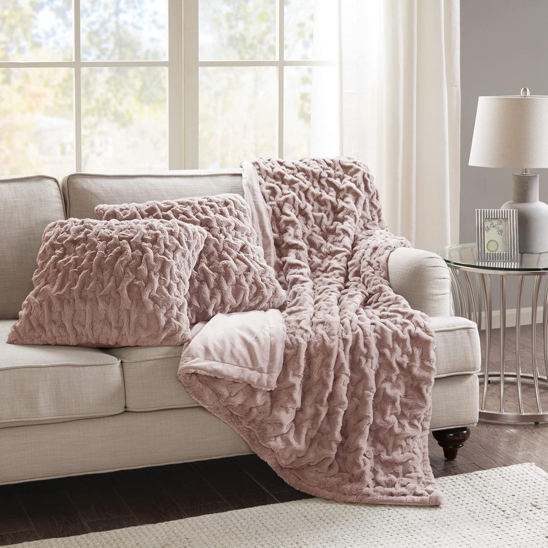 Comfort Spaces Ruched Faux Fur Plush 3 Piece Throw Blanket Set, Ultra Soft Fluffy with 2 Square Pillow Covers, 50"x60", Blush