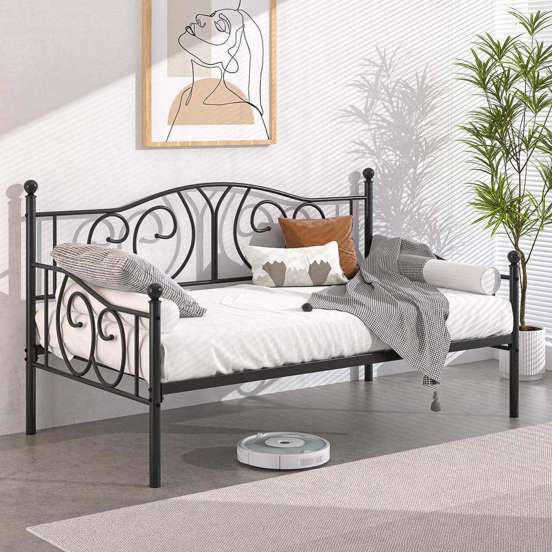 VECELOTwin Daybed Frame, Metal Day Bed with Classic Headboard, Multifunctional Platform Beds for Bedroom, Living Room, Guest Room, No Boxing Spring Needed, Black