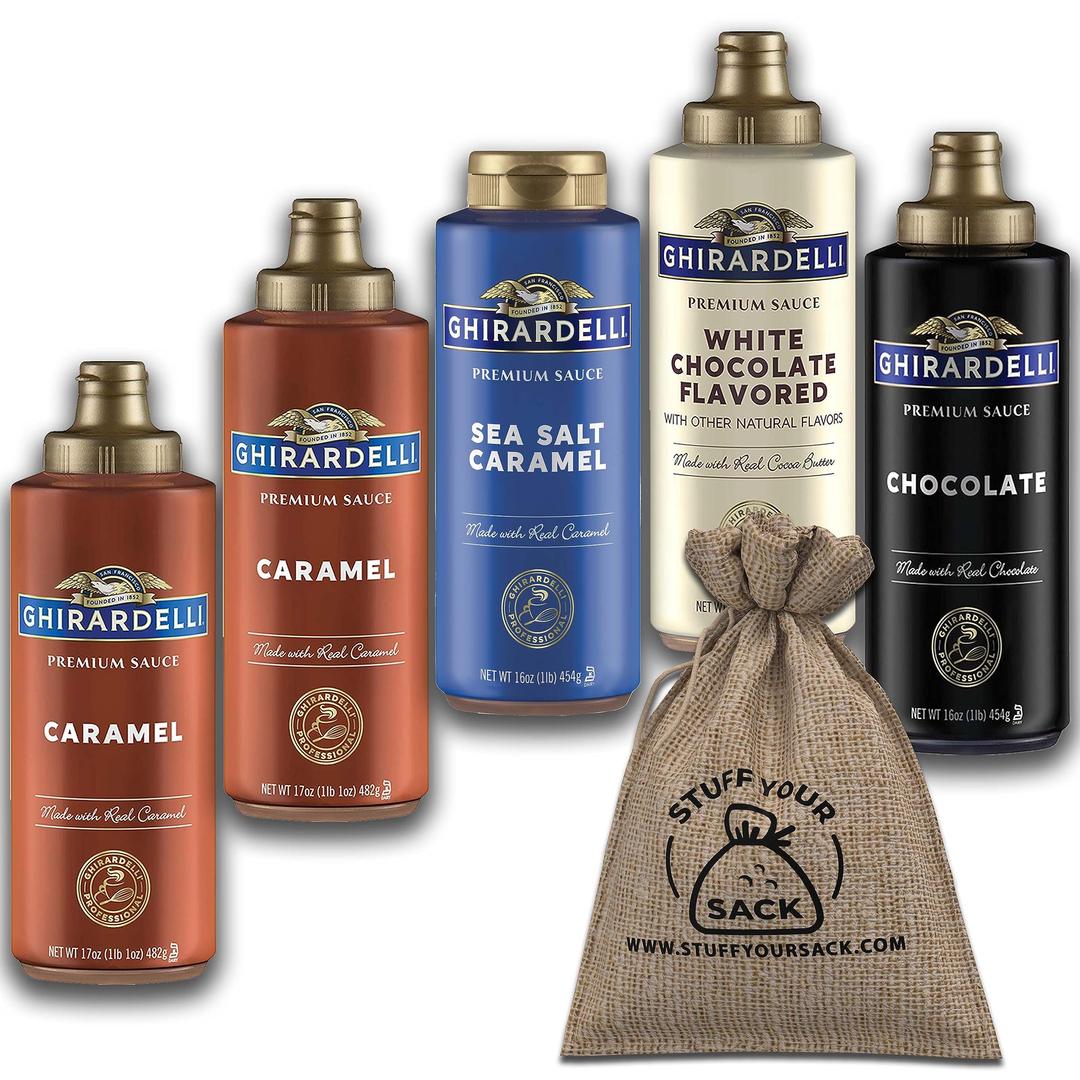 Ghirardelli Sauce Variety 5 Pack - Caramel, Black Label Chocolate, Sea Salt Caramel & White Chocolate Syrup with Burlap Gift Sack by Stuff Your Sack