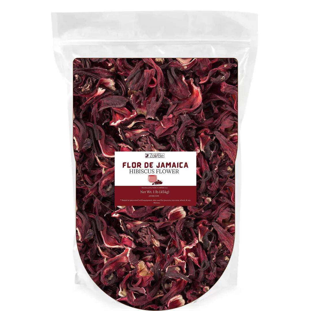 ZAVBE Hibiscus Tea 1lbs Dried Hibiscus Flower Perfect for Hibiscus Tea loose leaf, Flor de Jamaica, Cut and Sifted Packaged in Resealable Bag Hot & Iced Tea, Whole Flowers and Petals. (16, Ounces)