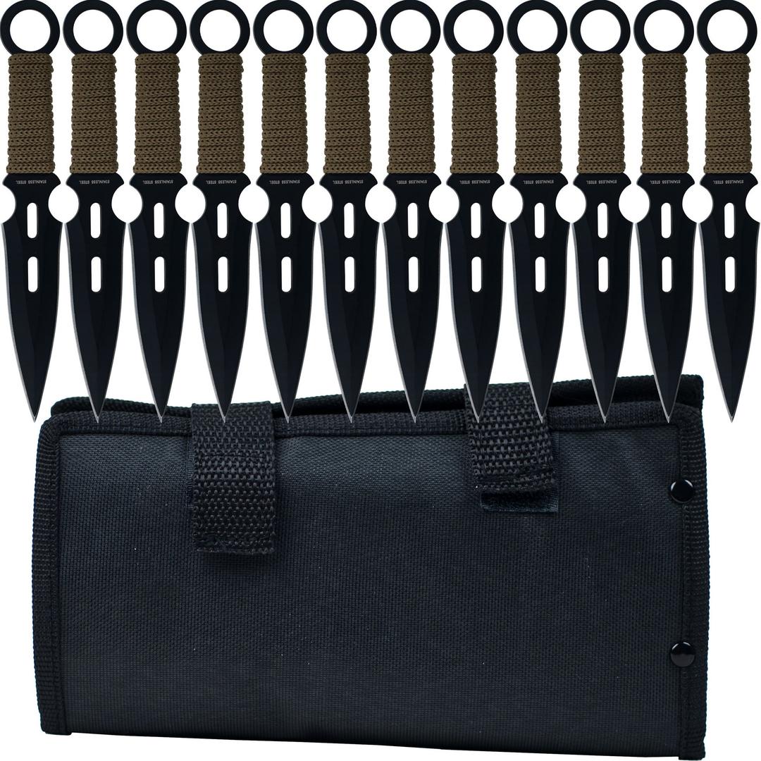 S-Force Kunai Knives - 12-Pack Black and Green Stainless-Steel Ninja Throwing Knife Set with Cord-Wrapped Handles and Carry Case by Whetstone Cutlery