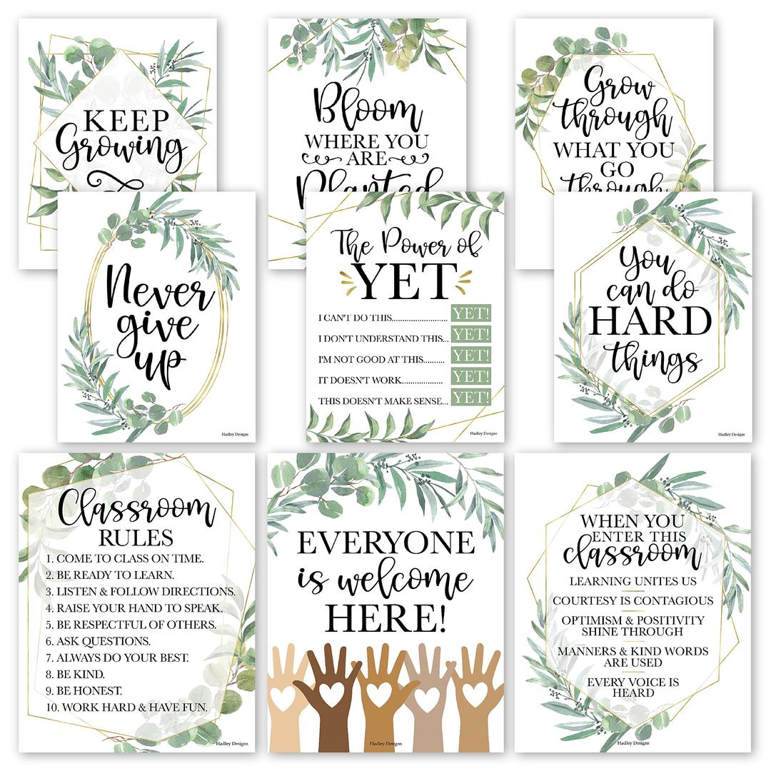 Hadley Designs9 Eucalyptus Classroom Decor Signs, Welcome Sign For Bulletin Board Decorations, Growth Mindset Classroom Posters Elementary, Middle School Classroom Rule