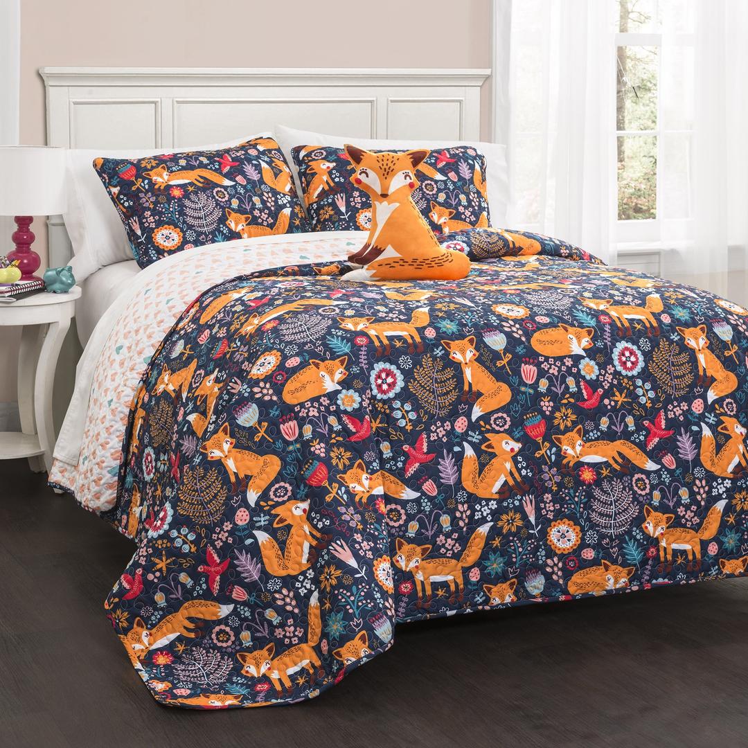 Lush DecorPixie Fox Reversible Quilt Set, 3 Piece Set, Twin, Navy & Orange - Twin Bedding Sets For Girls - Whimsical Quilt For Kids & Toddlers -Floral & Heart Print - Woodland Bedroom Decor