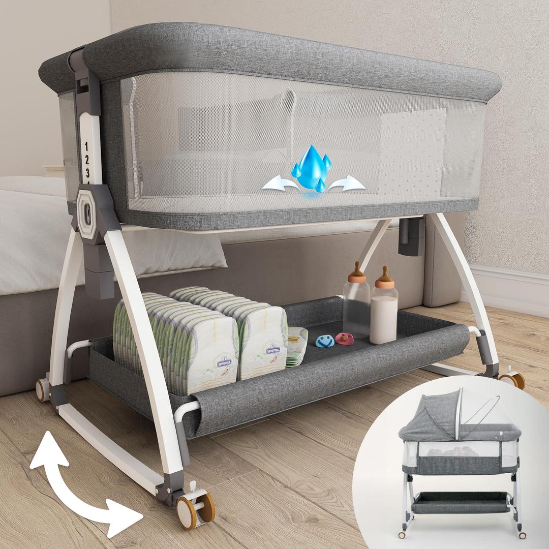 Earth&MEBaby Bassinet Bedside Sleeper with Rocking - All Mesh Portable Bedside Crib for Safe Co-Sleeping, Storage Basket and Wheels, Adjustable Height, Includes Travel Bag, Mosquito Net