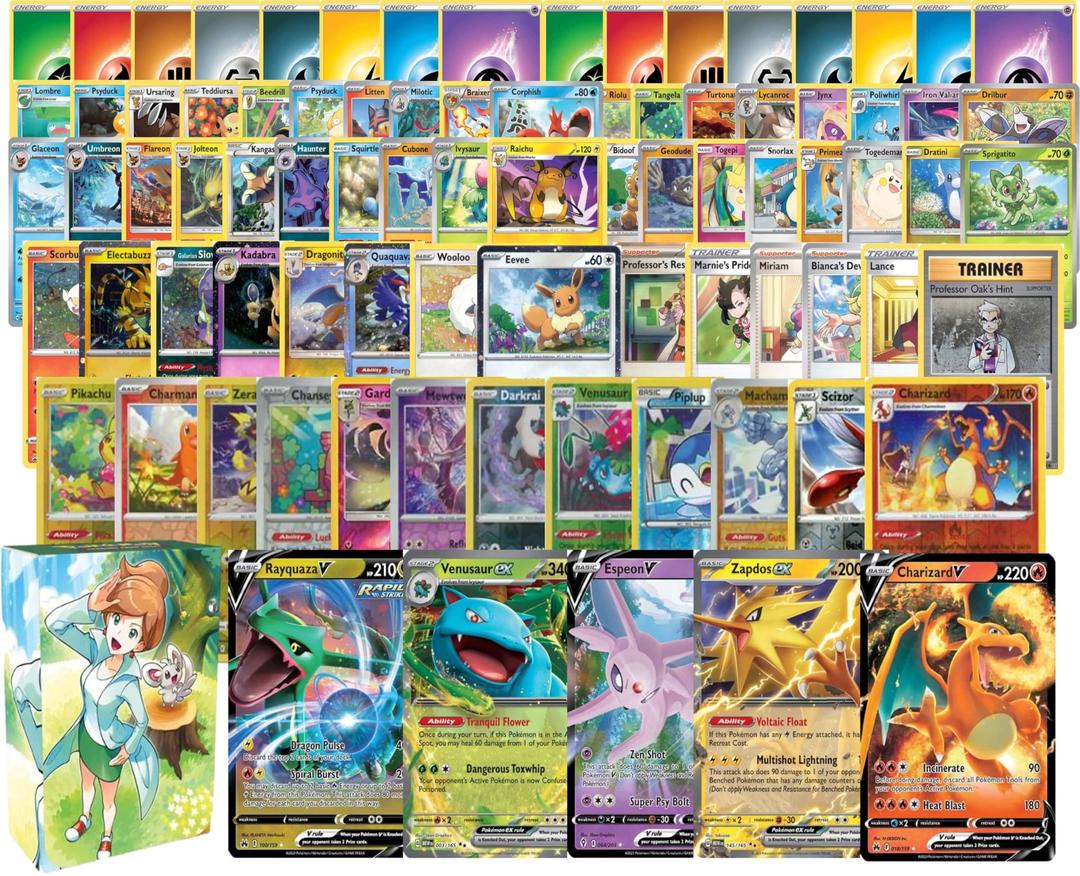 Pokemon100 Assorted Card Bundle - with Foils and 5 Ultra Rare (V, GX, EX) Variety - Official Pokemon TCG Deck Box Included