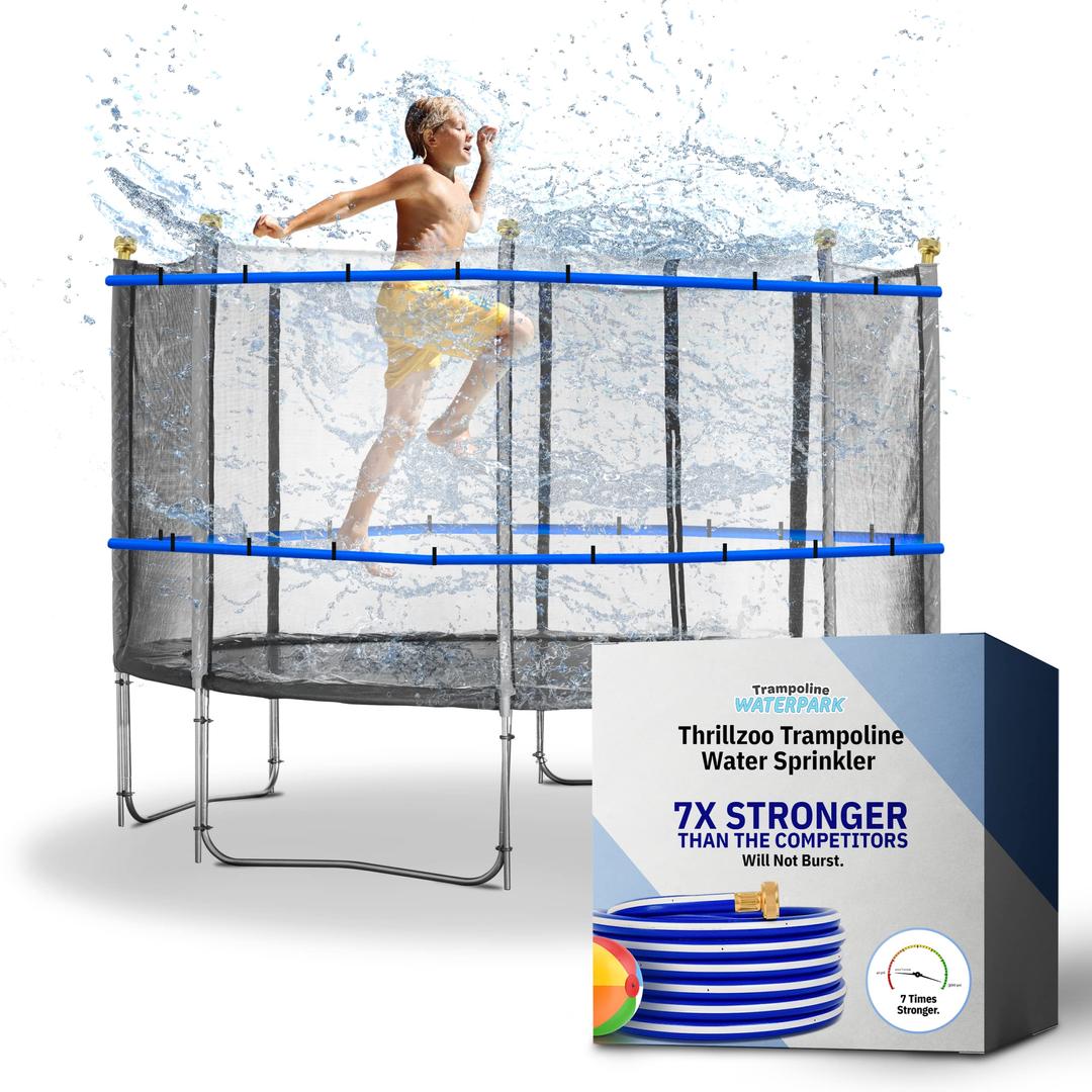 Trampoline Sprinkler for Kids - Outdoor Backyard Summer Fun - Trampoline Water Sprinkler 14-16 ft Round - Premium Trampoline Accessories - Water Park for Boys & Girls by ThrillZoo - Extra Long Hose