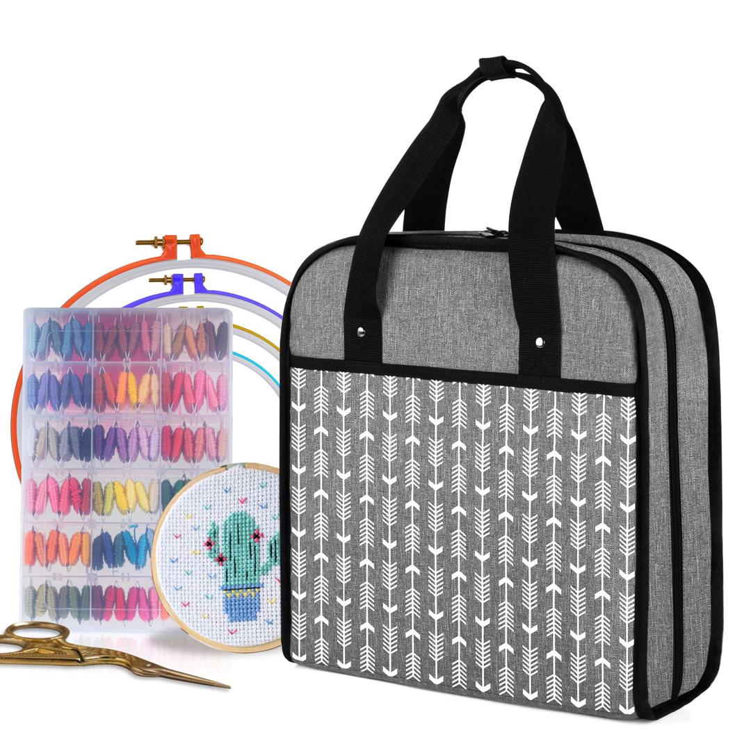 YARWOEmbroidery Bag, Embroidery Projects Storage with Multiple Pockets for Embroidery Hoops (Up to 12"), Embroidery Floss and Supplies, Gray with Arrow (Bag Only, Patented Design)