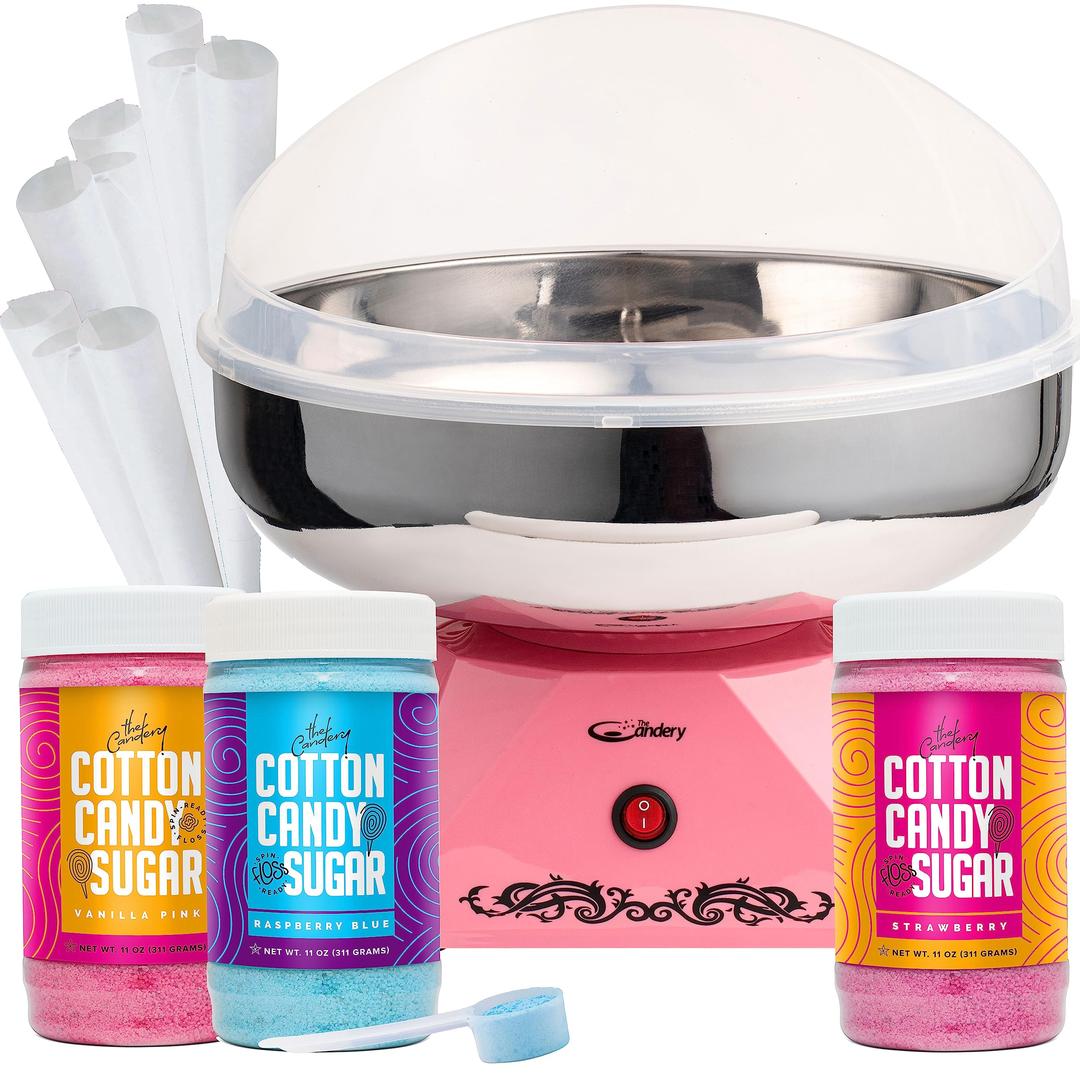 The Candery Cotton Candy Machine with Stainless Steel Bowl 2.0 and Floss Bundle- Flossing Sugar Floss Candy for Birthday Parties Fairs - Includes 3 Floss Sugar Flavors 12oz Jars and 50 Paper Cones