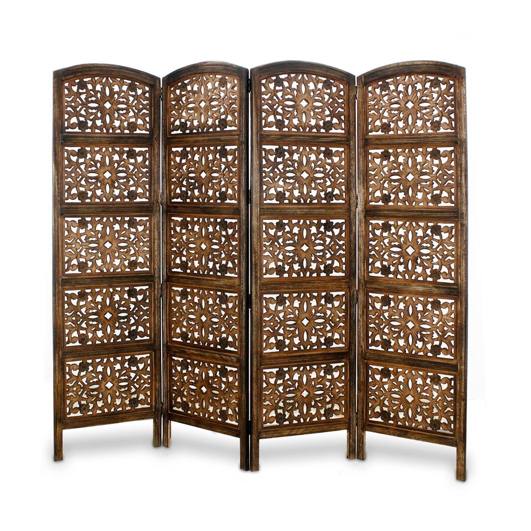 Room Divider Wood Screen - Rajasthan Antique Brown - 4 Panel Folding 72 x 80 - Intricate Hand Carved Decorative Functional Versatile Portable Partition Reversible Freestanding Privacy - COTTON CRAFT