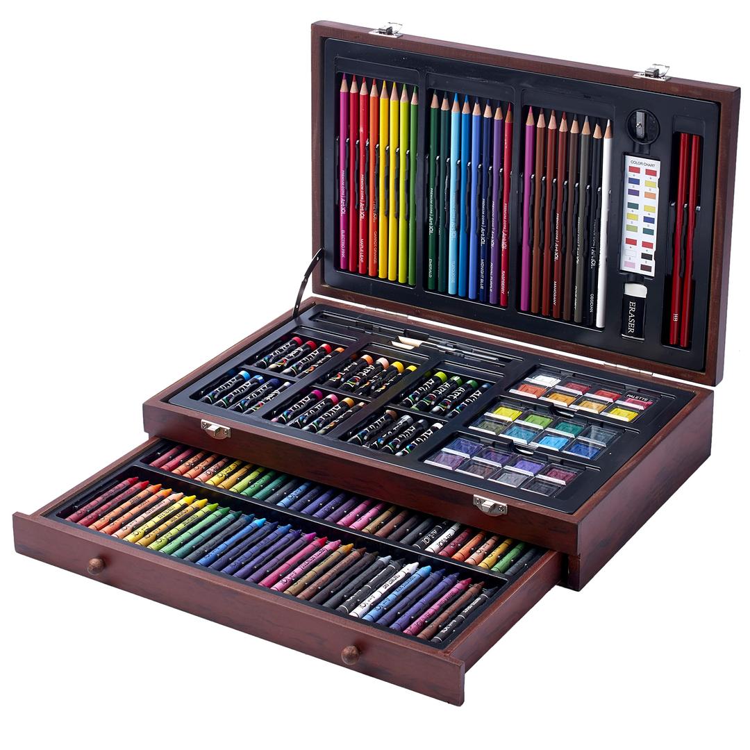 142 Pc Art Set with Colored Pencils, Crayons, Pastels, Watercolors in Wood Carrying Case