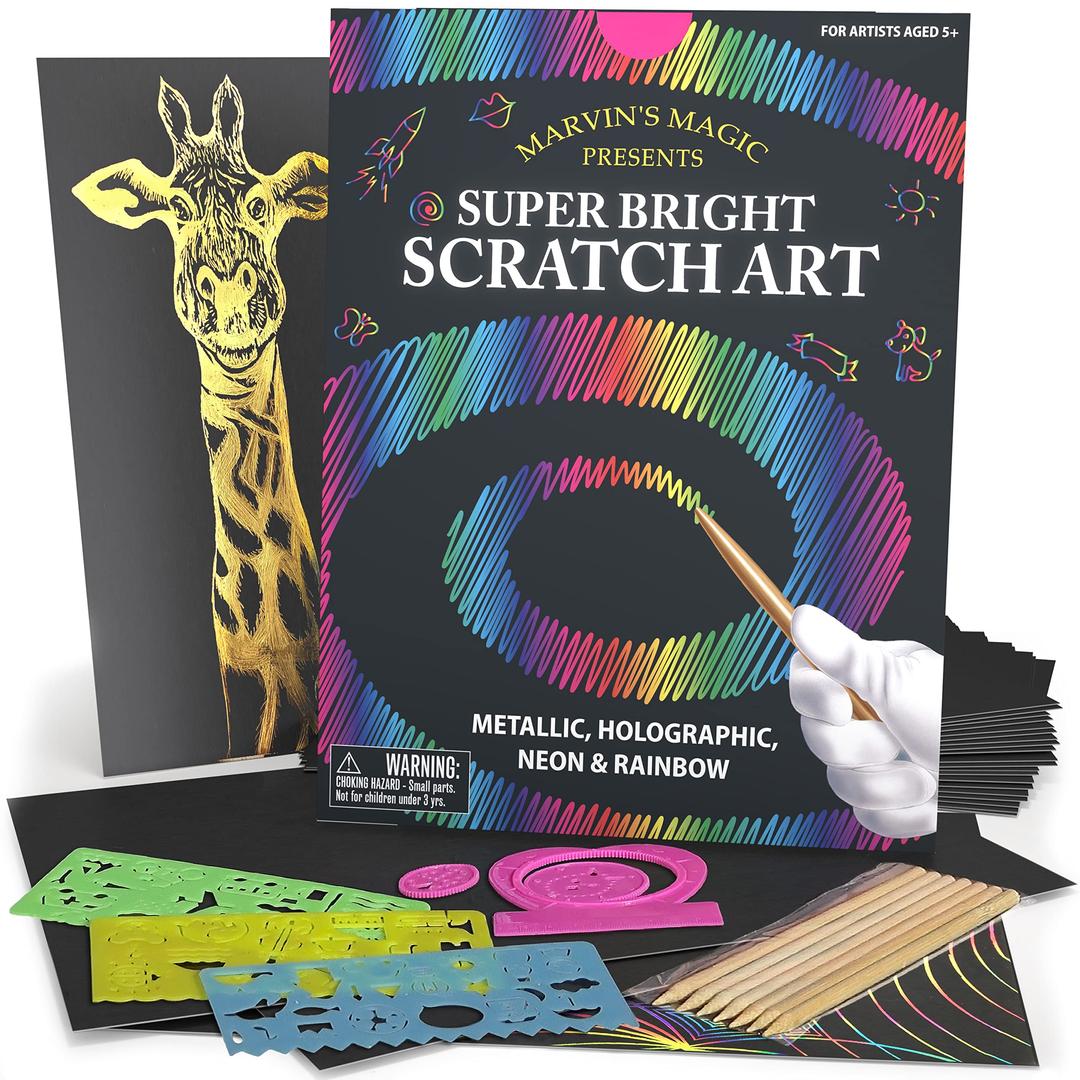 Marvin's Magic - Super Bright Scratch Art - x48 Premium Magic Scratch Boards - Scratch Art Kit with Black Scratch Paper & Rainbow Scratch Paper - Scratch Art for Kids