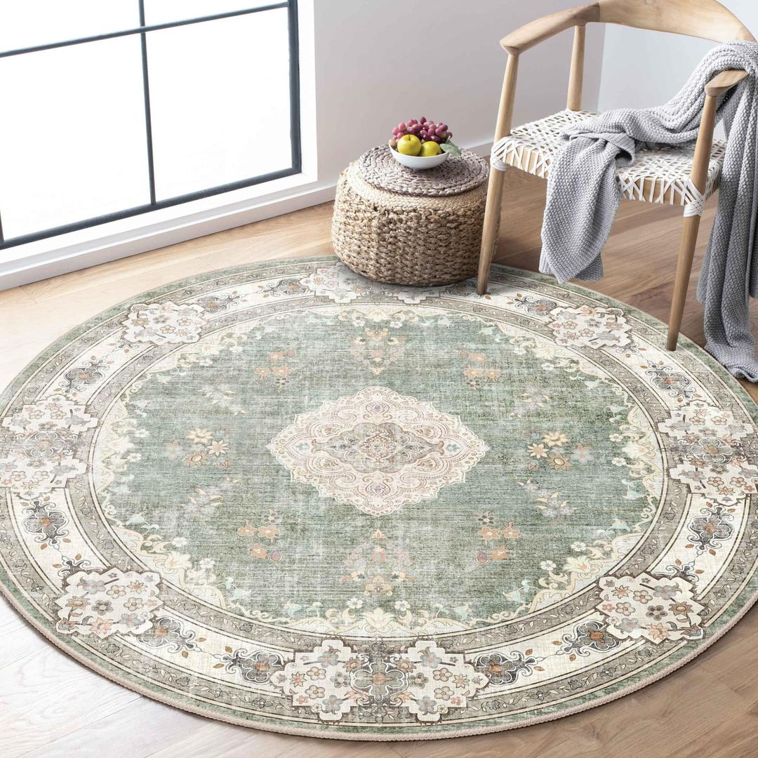 MUJOO Green Round Rug 4ft,Circle Washable Area Rugs for Bedroom Living Room Bathroom,Boho Small Non Slip Circular Carpet,Sage Floral