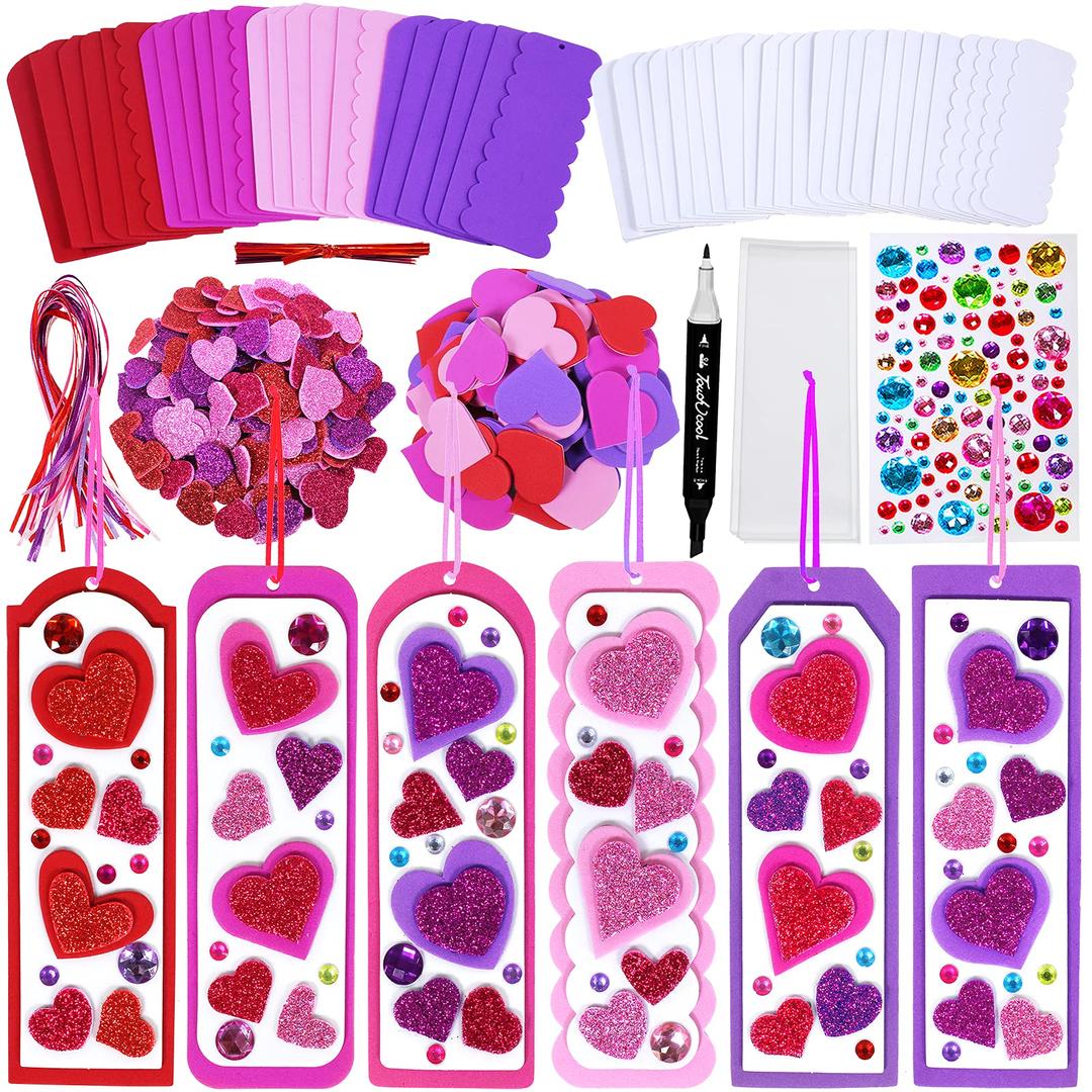 Winlyn 24 Sets Valentine's Day Decorations DIY Heart Bookmarks Valentine Craft Kits Blank Foam Bookmarks with Assorted Hearts Stickers for Kids Classroom Activities Reading Party Favors Gift Exchange