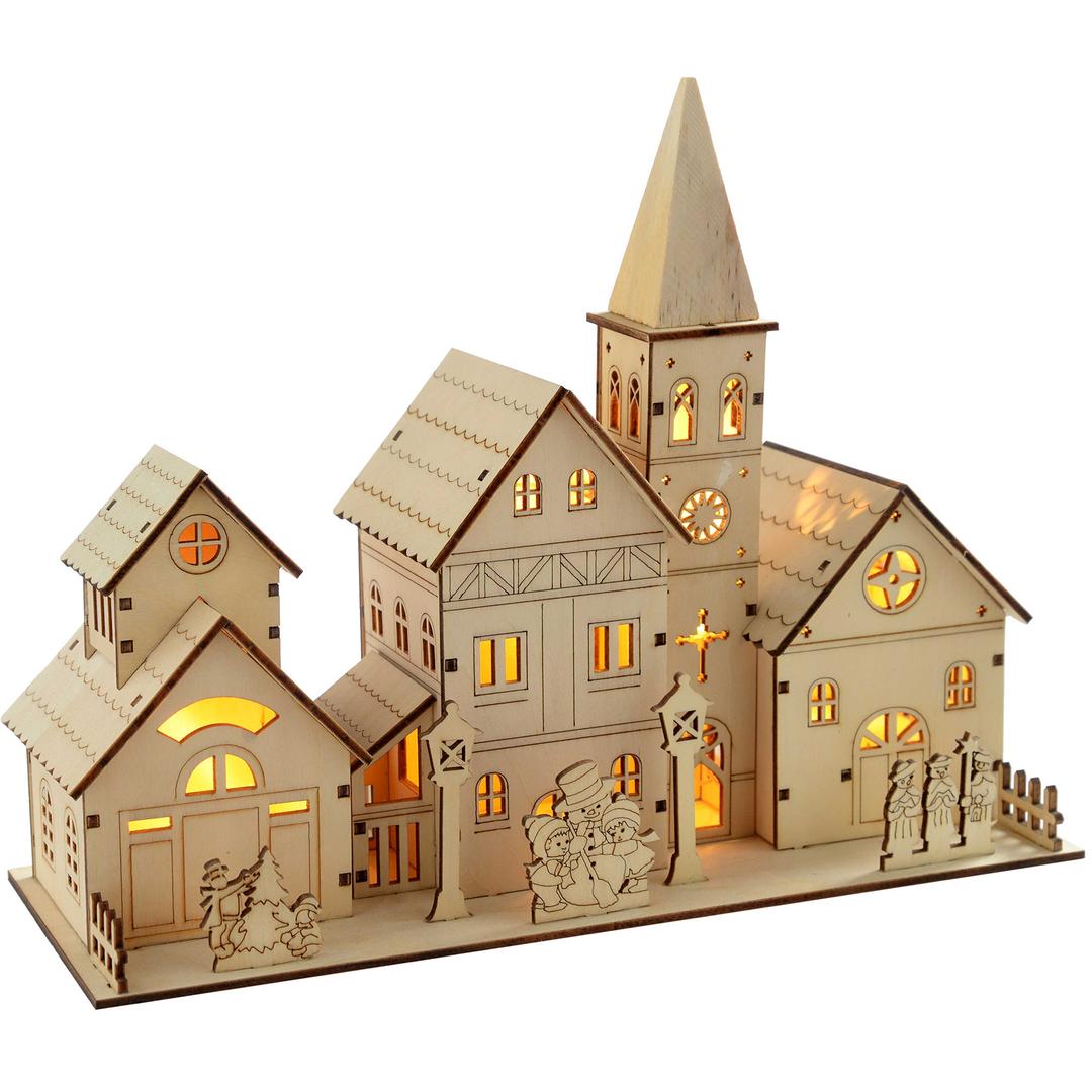 WeRChristmas Pre-Lit Wooden Church Scene Illuminated with 4 Warm LED Lights, 28 cm - Large, White